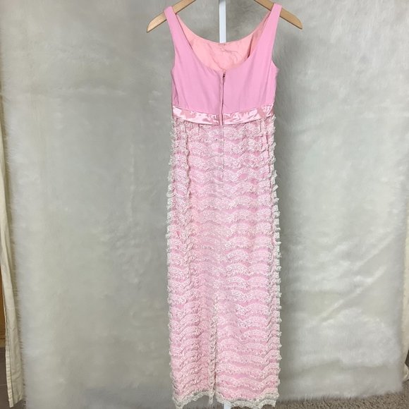 Vintage 1960s Sleeveless Pink Tiered White Lace Empire Waist Dress XXS - Picture 4 of 6